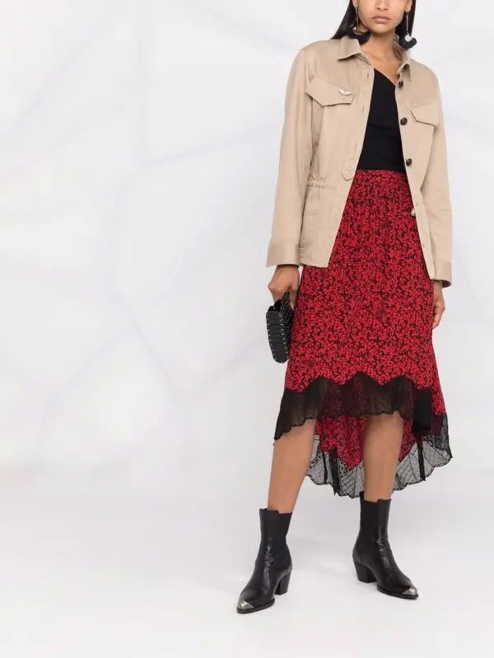 Zadig & Voltaire Red Floral High-Low Skirt with Black Lace
